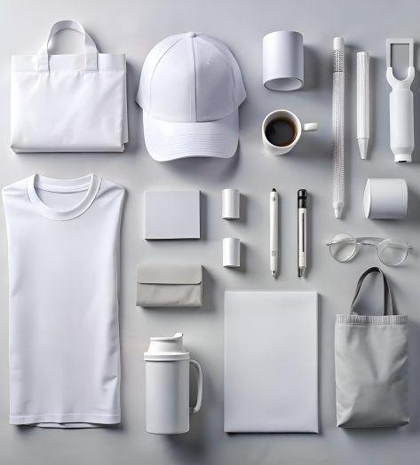 A clean and modern flat lay showcasing various white promotional merchandise items. Perfect for branding. marketing. and business concepts.